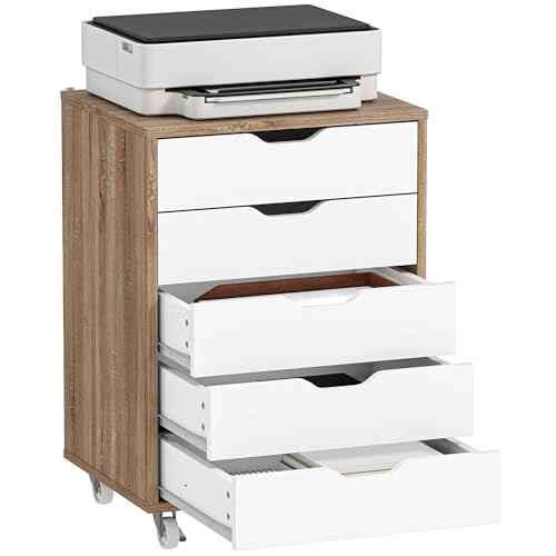 Vinsetto Caisson Bureau Mobile avec 5 tiroirs, Meuble Rangement Bureau sur roulettes pour Documents et imprimante, Caisson de Rangement pour Travail ou Chambre, 47,5 x...