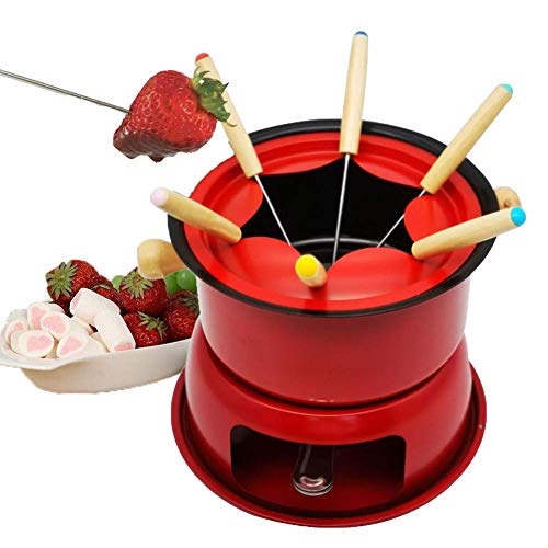 Cast Iron Foundue Set, Multifunctional Steel Ice Cream Chocolate Cheese Hot Pot Melting Pot Fondue Set Kitchen Accessories, for Cheese Meat Chocolate Broth-Red