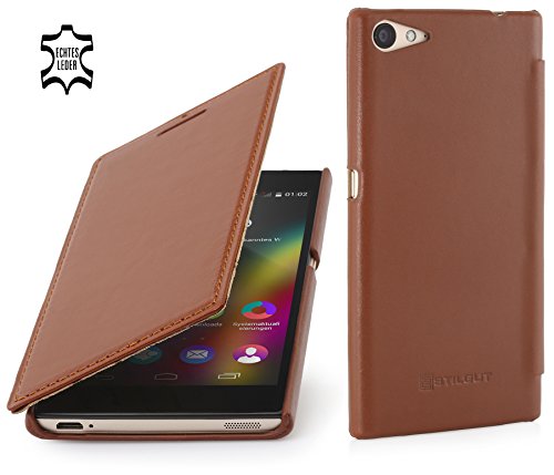 STILGUT Book Type Hülle ohne Clip, Hülle aus Leder für Wiko Highway Star, Cognac