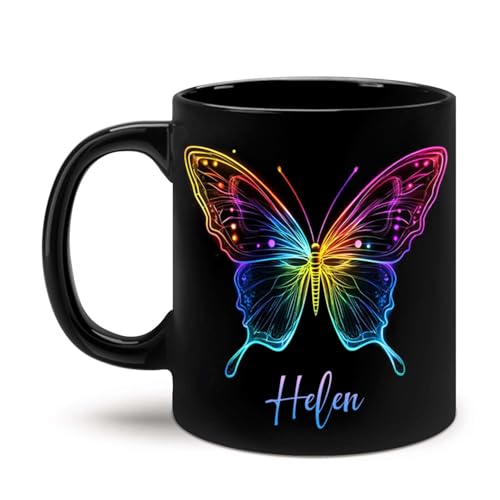 Colorful Butterfly Design Cup, Customized Name Animal Black Mug, Personalized Nature Lovers Ceramic Cup 11oz 15oz, Custom Rainbow Sparkling Coffee Mug, Gift For Butterfly Enthusiast -  LASNECK