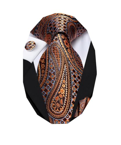 Dubulle Mens Paisely Silk Tie for Men Necktie and Pocket Square Set, Dark Orange, M