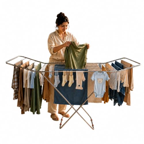 Image of Premium Steel Clothes Drying Stand | Foldable Cloth Dryer Stand, 3-Way Folding Design, Space-Saving Flat Folding Laundry Drying Rack for Indoor & Outdoor(Cross Design - 120 x 54 cm)- Silver