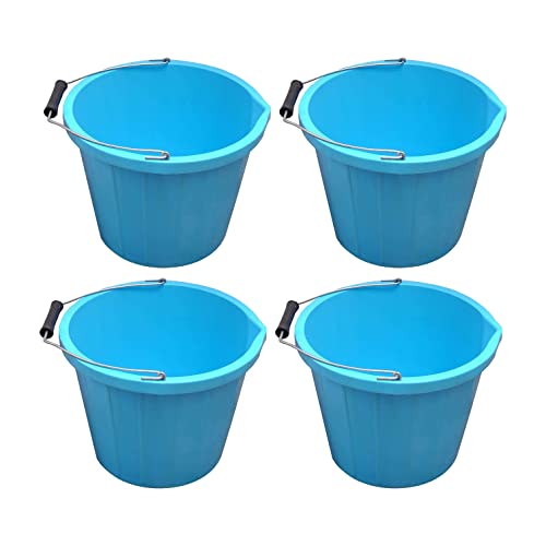 Set of 4 - Strong Heavy Duty 3 Gallon 14L Litre Plastic Builders Bucket Metal Handle, Pouring Lip, Measuring Guide - Water Storage Construction Cleaning Gardening Animal Feeding Made in UK (Sky Blue)