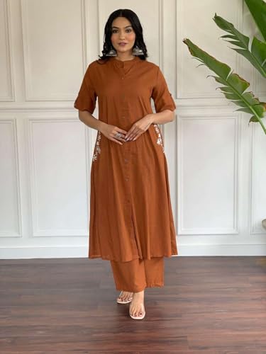 Image of Women's Cotton Embroiderd Long A-Line Kurti with Palazzo