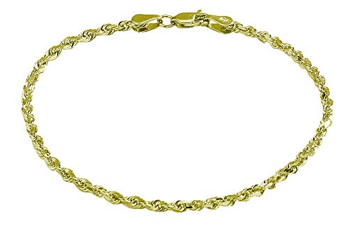 Pori Jewelers 10K Solid Gold 2.5mm Diamond Cut Rope Chain Bracelet for Women (Yellow, 7.25)