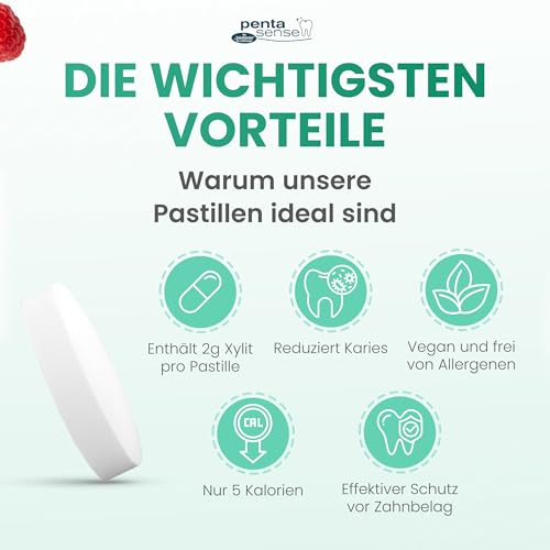 PentaSense® - Xylit Anti Karies Lutschpastillen mit Himbeergeschmack gegen Plaque und Säure helfen den Zahnschmelz zu bewahren -30 Stück