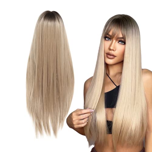Perruque Blonde, Perruque Longue et Droite, Avec Une Frange D'Aspect Naturel De Longs Cheveux Blonds Lisses Synthétique Résistant Pour 70cm Cover