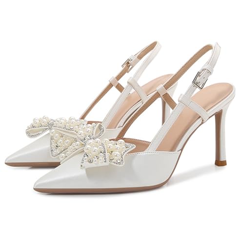Cozivwaiy Women Slingback Pumps Wedding Heels White Closed Pointed Toe Heeled Sandals Pearl Stiletto Pumps Elegant Heels Detachable Bow
