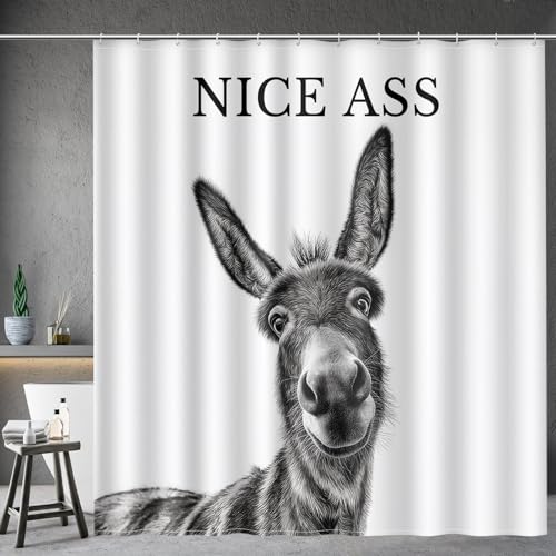 Image of Funny Donkey Nice Ass Shower Curtain Gag Gift Farmhouse Decor Animal Black and White Novelty Sarcastic Rustic Bathroom Bath Decor Bathtub Curtain Fabric Shower Curtain Set with 12 Hooks, 72 inchx72 inch