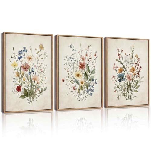 KUVIOKE Vintage Wildflower Bouquet Antique Framed Wall Art Retro Flower