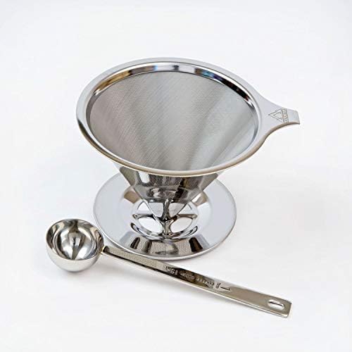 Premium Cone Coffee Dripper - Stainless Steel Pour Over System - No Paper Filter Needed - Includes a Matching 5 oz Measuring Spoon!