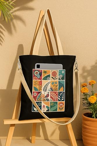 Image of ZORI Black Sling Tote Bag With Pocket and with Beige Straps, Tote Bags For Women large capacity,Tote bag For Shopping, College, Travel, More Canvas Handbag For Unisex