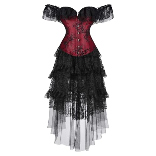Halloween Kostüm Damen Elegantes Spitzenkleid mit schulterfreiem Korsett, Bustier-Oberteil und Rock für historisches Cosplay-Kostüm (Red, XXL)