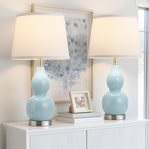 GyroVu 22 Table Lamp Set of 2 Color Temperature Adjustable Double Gourd Ceramic Lamps Classic Nightstand Table Lamps for Bedroom Beside Lamps for Living Room Sky Blue-Bulbs Included