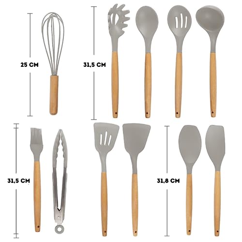 Jogo de Utensilios de Cozinha em Silicone Premium Madeira 17 Peças (Creme)