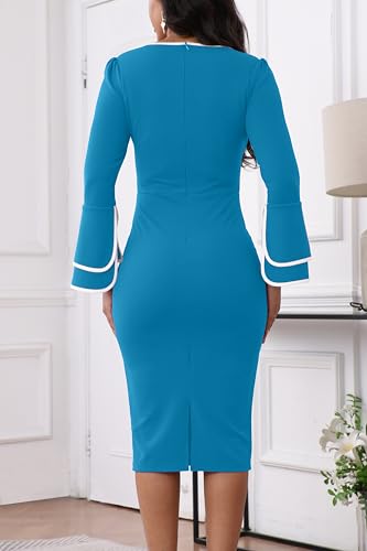 Image of Church Dress for Women Flared Sleeve Midi Pencil Dress Elegant Teacher Office Business Wear to Work Dresses