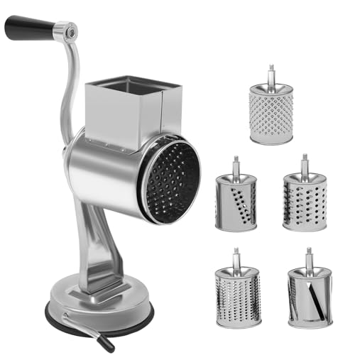 LKHDONG Râpe à tambour en acier inoxydable - Moulin à noix manuel avec 5 lames à tambour - Mandoline de cuisine - Râpe à pommes de terre avec manivelle...