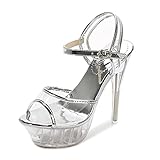 Verschluss: Knöchelschnalle CYwinterB Transparent Sandalen Sexy High Heels Schwarz Golden Silber Frauen Plateau Pumpe Sommer- Peeping Zehen Kleid Frauen Schuhe zum zusammenkommen Party Nacht- Bar 35-46- Silver 37