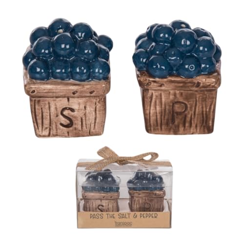 Transpac Decorative Functional Countertop Table Decor 2.5 Inch Ceramic Salt and Pepper Shaker Set Blue and Brown Blueberry Basket