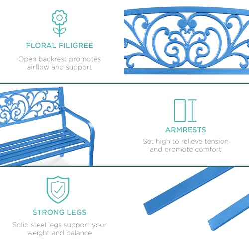 Best Choice Products Outdoor Bench Steel Garden Patio Porch Furniture for Lawn, Park, Deck w/Floral Design Backrest, Slatted Seat - Ocean Blue - Image 6