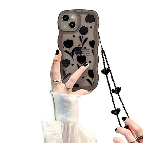 Coque iPhone 14 Plus motif fleurs noires avec protège-objectif et chaîne cœur