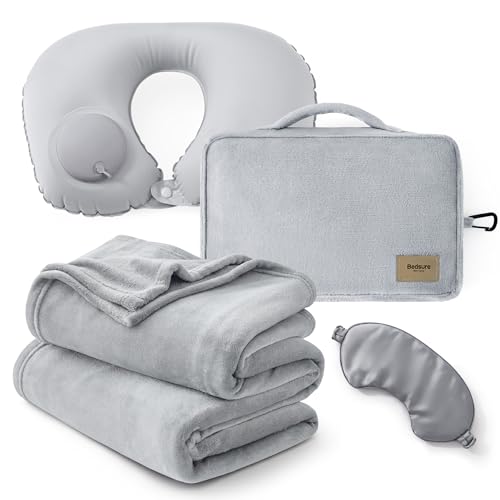 Bedsure Travel Blanket Set with Inflatable Neck Pillow and Eye Mask - Lightweight 3-in-1 Airplane...