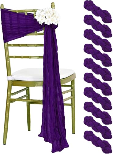 MDS Pack of 10 PCS Cheesecloth Chair Sashes 17”x70” Gauze Rustic Aisle Decorations Designed Chair Bows for Wedding Birthday Baby Shower Reception Party Banquet Hotel Event Decoration - Purple