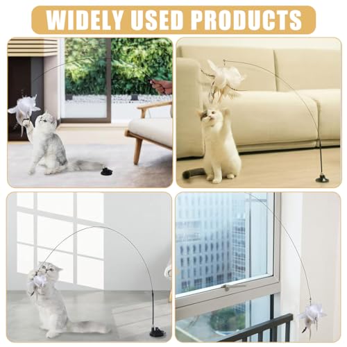 Image of Qpets Cat Teaser Wand Feather Suction Cup Interactive Indoor Felines | Interactive Play, Helps Engage Indoor Cats, Feather Attachment, Suction Cup Base, Flexible Wand