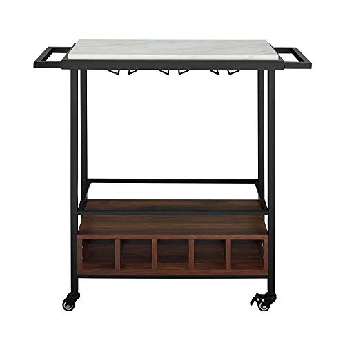 Walker Edison Marble And Wood Bar Serving Cart With Wheels Wine Glass And Bottle Kitchen Storage, 34 Inch, Marble #TOP2