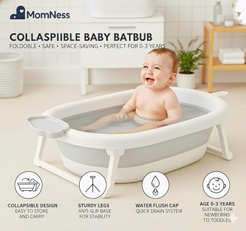 Image of Foldable Baby Bathtub for 0-3 Years | Collapsible Portable Bath Tub with Soap Holder & Drain Plug | Non-Slip Legs, Heat Retention Design, BPA-Free Safe Material (Grey)