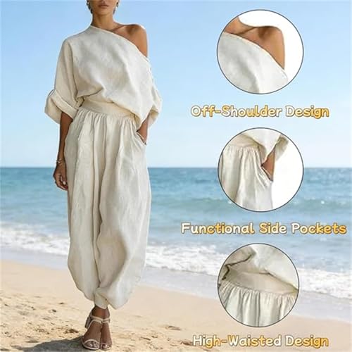 Conjunto de lino premium para mujer con pantalones cónicos en color blanco roto 3