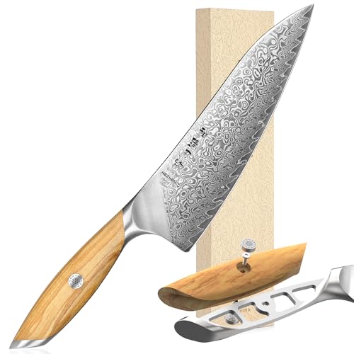 HEZHEN 21CM Couteau de Chef Damas, Couteau Japonais en Acier Damas 73 Couches, Couteaux de Cuisine Professionnel Full Tang, Manche en Bois D'olivier