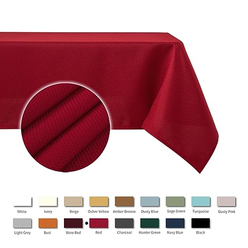 Image of maxmill Textured Rectangle Tablecloth, Wrinkle Free Spill Proof, Soft Jacquard Table Cloth for Buffet Banquet Parties Event Holiday Dinner, Indoor and Outdoor Use, 60 x 84 Inch Red