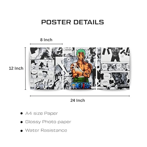 Image of ADRAIL STORE One Piece Anime Manga Poster, Zoro Character Design Wall Poster 3 Panal - A4 Size, 300 GSM, Wall Decor Posters Wall Art For Bedroom, Living room, Office, Dining Room,No Frame (Zoro)