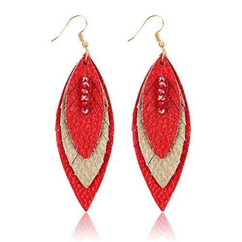 Bohemian Genuine Suede Real Leather Geometric Drop Earrings - Lightweight Hook Dangles Feather, Leaf, Multi Color Fringe, Triple Tassel