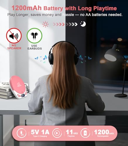 Image of Greadio Personal CD Player with Headphones, Portable Pink CD Player for Car & Home, Rechargeable CD Players with 60s Anti-Skip, Supports CD /MP3 /WMA /TF Card /AUX, Backlit /Lock /Programmable /Timer
