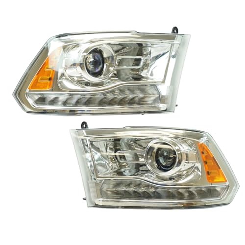 Image of TRQ 2 Piece Headlight Assembly Set Chrome Bezel Driver & Passenger Side Compatible with Ram 1500 2500 3500 2013-2018 CH2502244 CH2503244 68093216AD 68093217AD