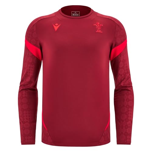 Macron Wales WRU 2025/26 Mens Players Long Sleeve Training T-Shirt (UK, Alpha, L, Regular, Regular, Dark Red)