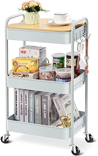 TOOLF 3-Tier Rolling Cart, Metal Utility Cart with Detachable Tray Top, Storage Craft Art Cart Trolley Organizer Serving Cart Easy Assembly for Office, Bathroom, Kitchen, Kids' Room, Classroom