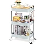 KINGRACK 3-Tier Rolling Storage Trolley with Table Top, Metal Utility Cart on Wheels, Utility Organizer with Wooden Tray, Lockable Casters, Easy Assembly for Bathroom, Living Room, Kitchen, Green