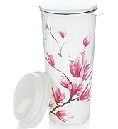 Willow & Everett 16oz Ceramic Travel Mug with Lid. Magnolia Double-Walled Tea Cup with Tea Infuse...