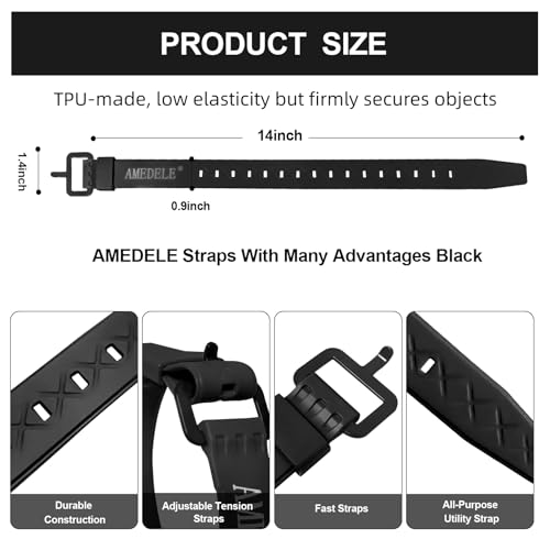 AMEDELE 4 Pack Lashing Straps with Buckles,Adjustable Utility Tension Straps,Simple Tie-Downs Straps for Securing Bike Moto Luggage,Garden Hoses,Skis,Wires and Cables,Black,14\"
