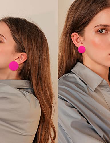Hot Pink Acrylic Large Flat Round Earrings For Women And Girls, 2Pairs Dainty Simple Disc Plastic Solid Color Geometric Neon Button Acrylic Studs Earring Jewelry Sets #TOP3