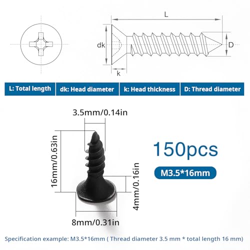 VooGenzek 150 PCS M3.5 * 16 mm Coarse Thread Point Drywall Screws, Phillips Countersunk, Plasterboard Wood Screw - Image 2