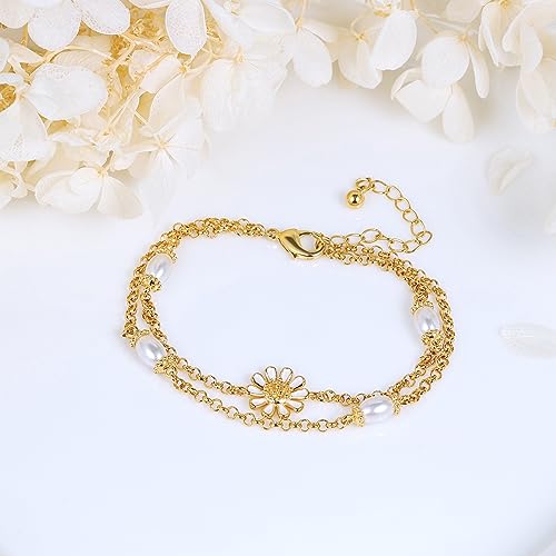 Image of Gold Pearl Bracelet for Women, REAL 14K Gold Plated Double Layered Dainty Pearls Bracelet, Elegant Stackable Flower Jewelry Gift for Her with OT Clasp