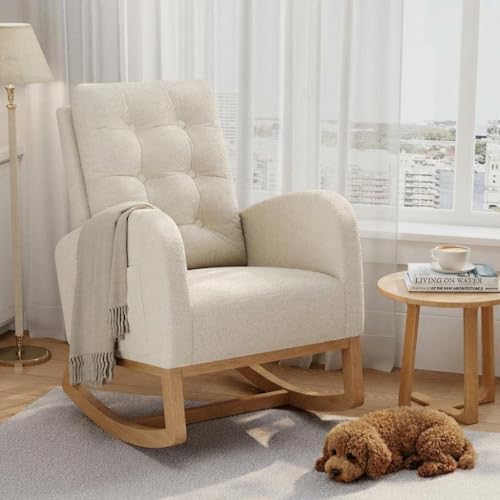 GAOMON Modern Rocking Chair for Living Room, Comfortable Recliner Rocker with Side Pocket, Soft Linen Upholstered Glider Chair for Bedroom, Nursery, L