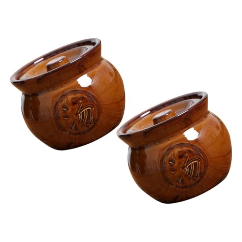 jojofuny 2 Piezas Olla de Estofado de Cerámica 350ml Tapa, Resistencia a Ácidos y Superficie Esmaltada Suave, Estilo Retro para Cocinar y Servir Sopa