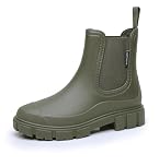 DRECAGE Wellies Boots Women Waterproof Short Chelsea Fashion Ladies Comfortable Rain Boots Outdoors Garden Walking Green 6 UK