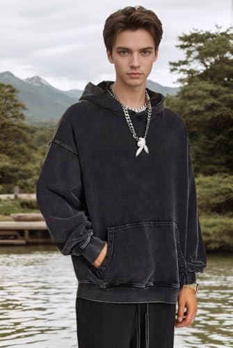 Men's Y2K Acid Wash Solid Hoodies Oversize Vintage Hip-Hop Baggy Sweatshirt Casual Pullover Hoodie4