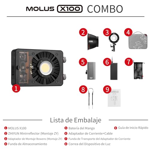 Ficha técnica ZHIYUN MOLUS X100 Combo Oficial Luz de vídeo 100 W con batería de 2600 mAh COB LED de iluminación de vídeo portátil 17317 Lux 2700-6500 K CRI≥95 TLCI≥97 Control App Bowens Mount Bi-Color - Fernando Cortés